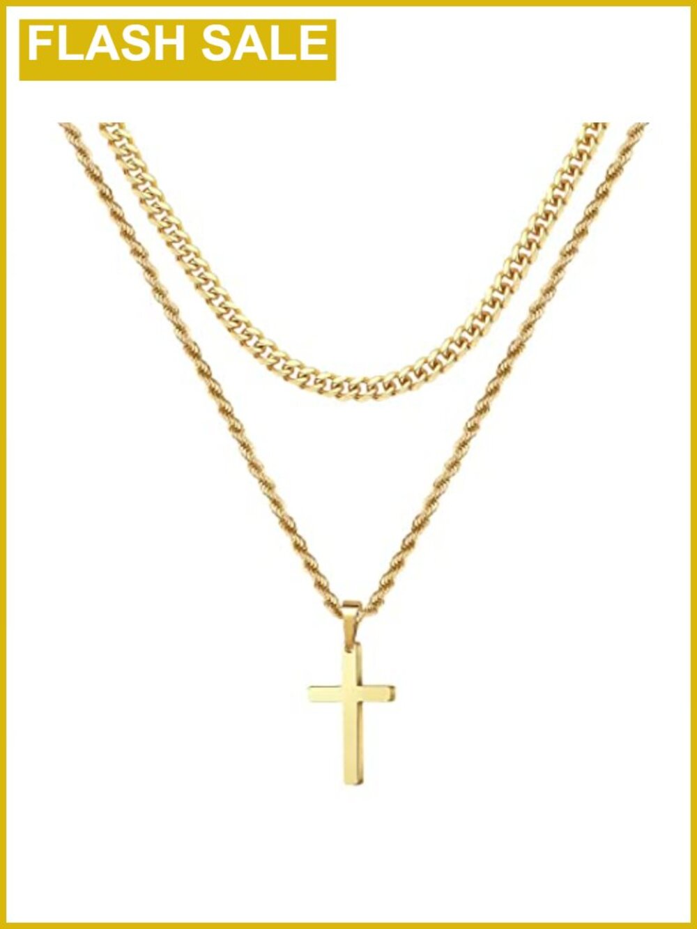 Mens 18K Gold Plated Layered Cross Necklace Stainless Steel Rope Chain